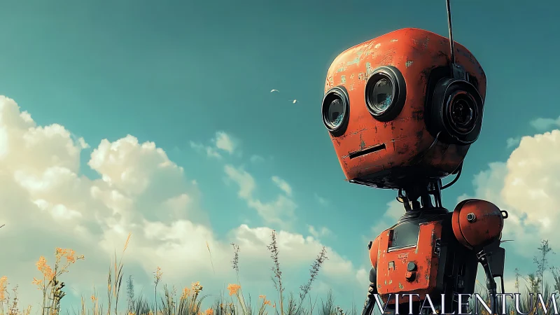 Lonely red robot gazes across a quiet wildflower meadow