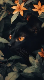 Black cat with amber eyes positioned among orange flowers and foliage.