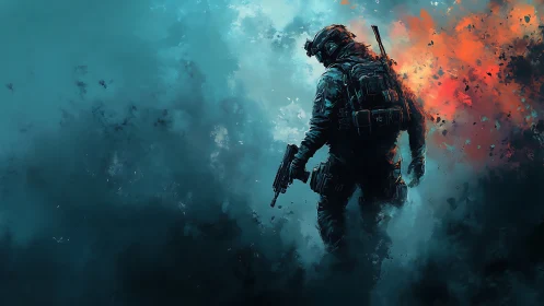 Lone tactical soldier amid teal smoke and fire burst.