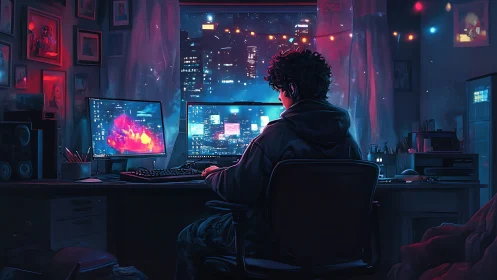 Midnight coder at neon window, weaving digital cityscapes.