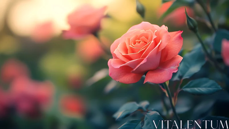 Coral Rose Bloom in Garden Light