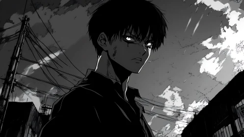 Brooding anime teen under storm-split sky in urban alleyway