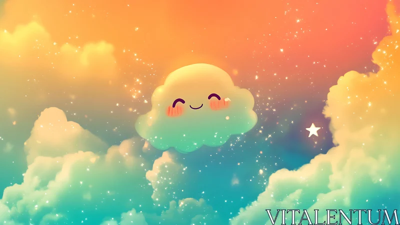 Smiling pastel cloud drifts through dreamy sparkling sky