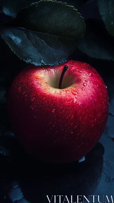 Moonlit crimson apple glows beneath a shadowed leaf.