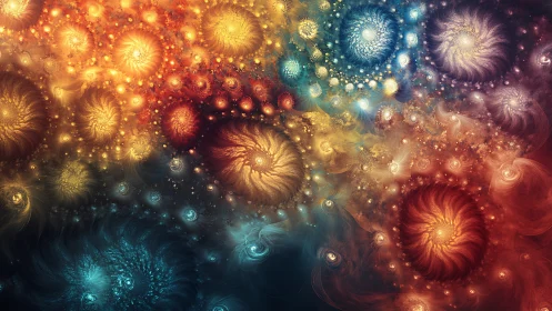 Fractal spiral clusters form a multi‑colored radial field