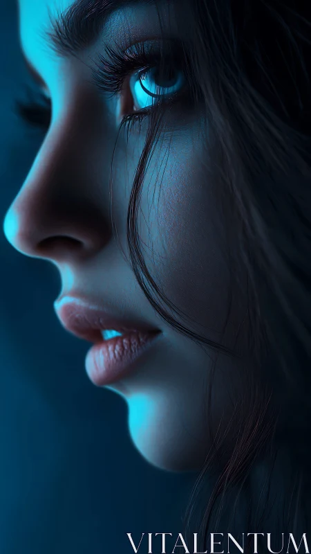 Cyan side-lit female profile rendered in hyperreal detail.