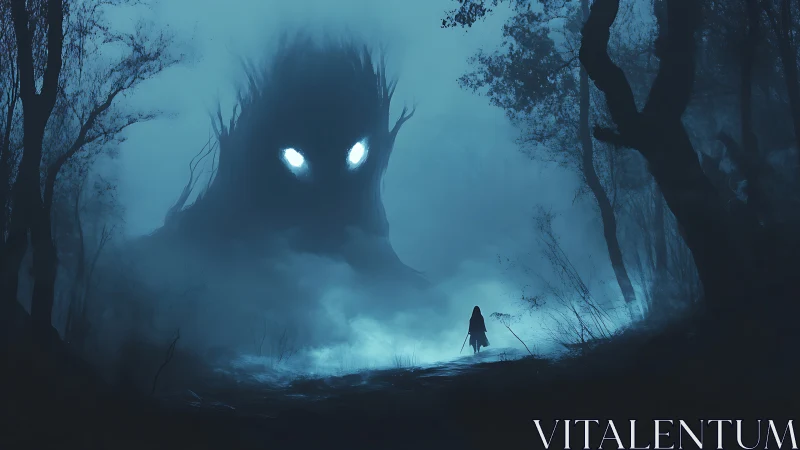 Nocturnal fog entity confronting cloaked wanderer in forest.