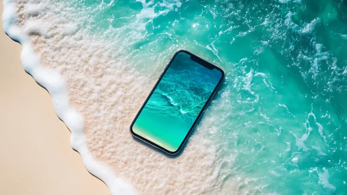 Smartphone on turquoise surf shoreline, screen mirroring sea.