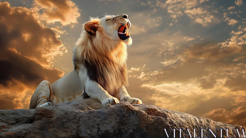 Sunlit lion greeting the glowing sky from rocky heights.