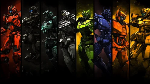 Spectrum mecha squad lineup in segmented chromatic panels.