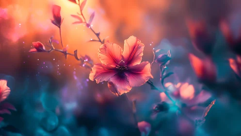 Backlit cosmos flowers with soft focus background.