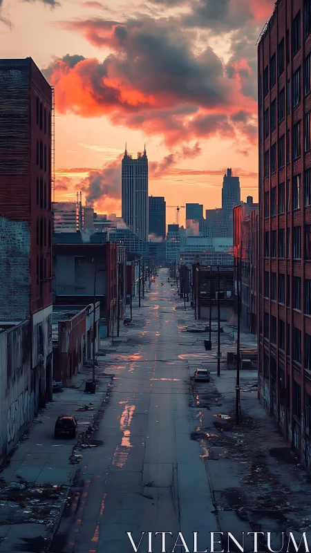 Deserted industrial avenue at dusk with glowing skyline clouds.