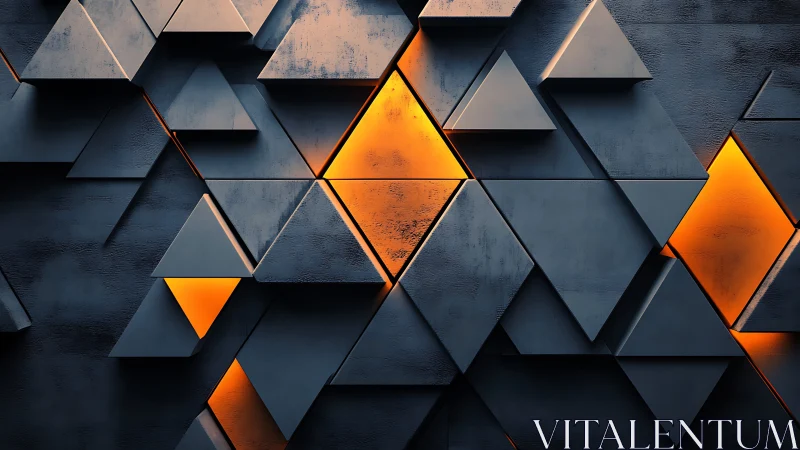 Geometric wall with glowing orange triangular light panels.