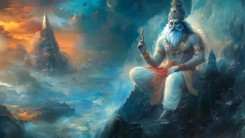 Serene celestial sage watching over glowing misty mountains.