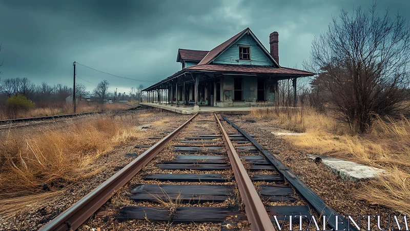 Forgotten train station leans into stormy rails of memory