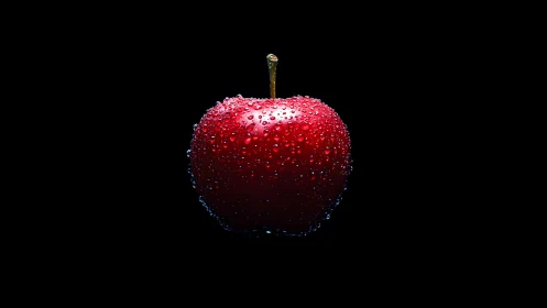 Fresh red apple with water droplets on black background, studio style.