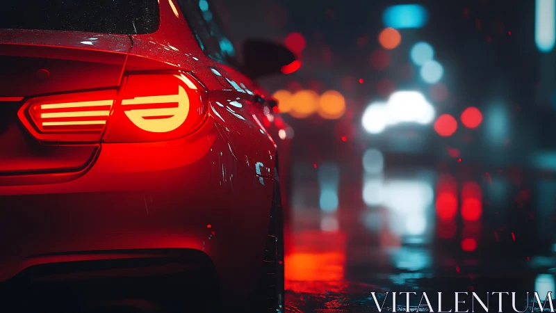 Photorealistic red coupe tail-light in neon night rainscape.