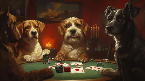 Digital painting of dogs playing poker at warm-lit round table.