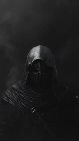 Hooded dark knight rises from shadowy smoke and silence.