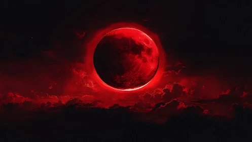 Blood-red eclipse looms over storm-dark cosmic clouds