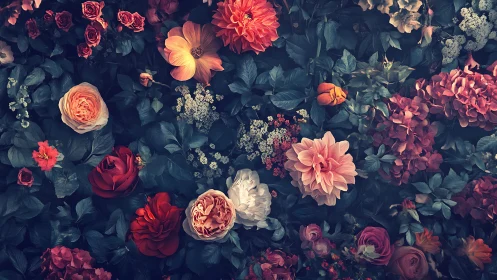 Lush Floral Garden Overhead View with Roses and Dahlias