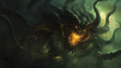 Eldritch tentacled demon erupts from toxic green mist