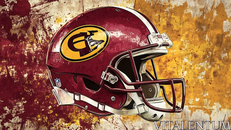 Crimson football helmet over distressed gold grunge backdrop.