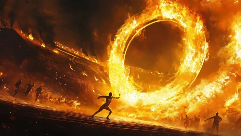 Fiery Portal Traversal: Human Silhouettes Against Blazing Ring of Flame.