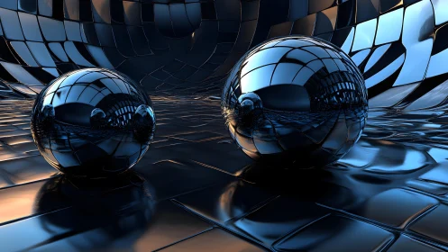 Chromed spheres in a warped reflective tile chamber.
