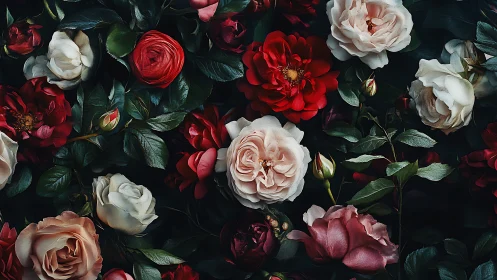 Red and Cream Roses Against Dark Moody Backdrop.