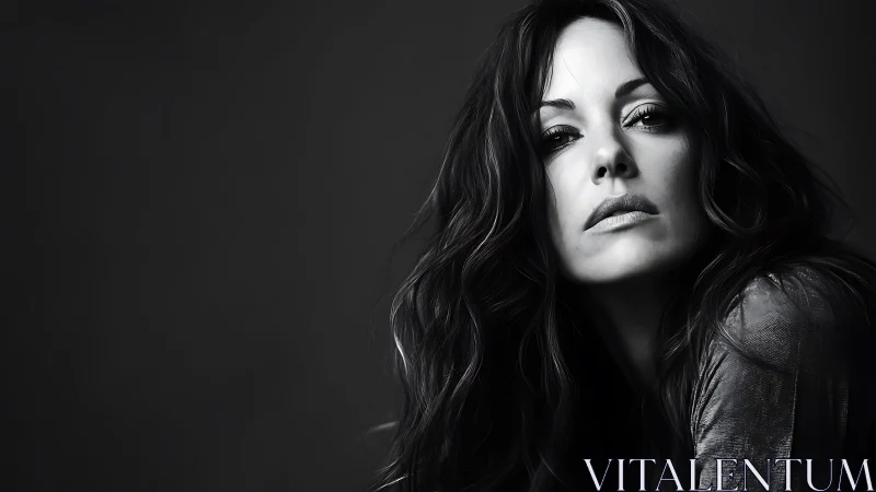 Monochrome portrait with intense gaze on dark backdrop.