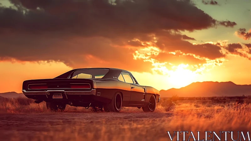 Photorealistic muscle car at desert sunset with cinematic framing.