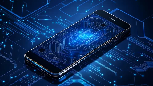 Smartphone lies on illuminated blue digital circuit board