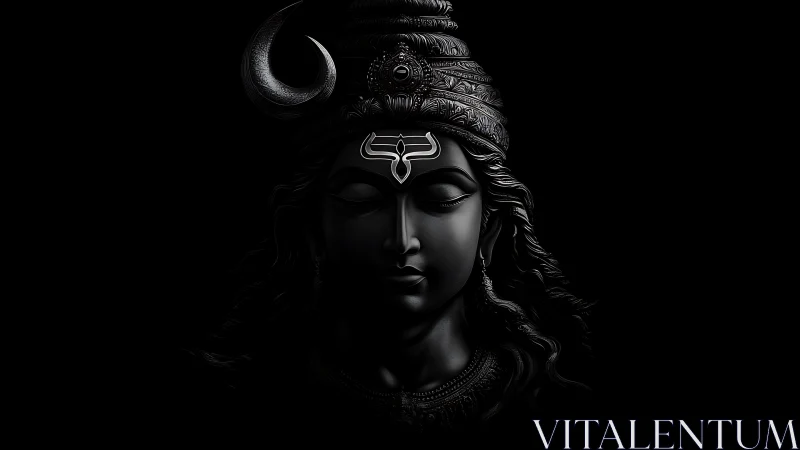 Digital painting of Shiva bust in chiaroscuro monochrome profile.
