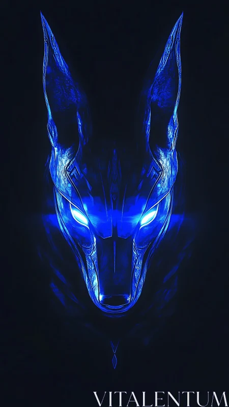 Neon jackal deity mask in electric blue holographic glow.