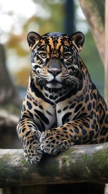 Jaguar portrait on mossy log in soft forest bokeh light.