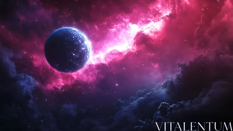 Dreamy pink nebula embracing a quiet, distant planet.