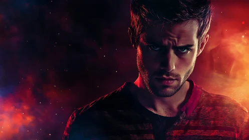 Brooding starlit stranger framed in ember-red cosmic haze.