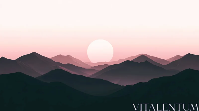 Minimal mountainscape frames soft pastel sun at dawn