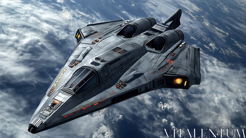 Sleek tri-wing starship gliding above clouded Earth orbit.