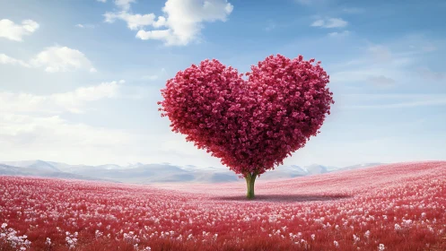 Heart-Shaped Tree in Crimson Flower Field.
