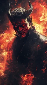 Demonic horned figure rising through inferno flames in darkness.