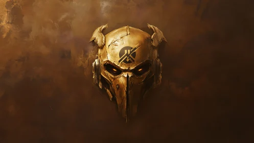 Metallic skull helmet with glowing eyes on textured brown field