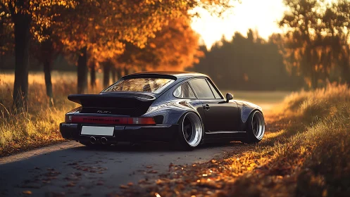 Widebody Porsche 911 Turbo rendered in warm autumn backlight on lane