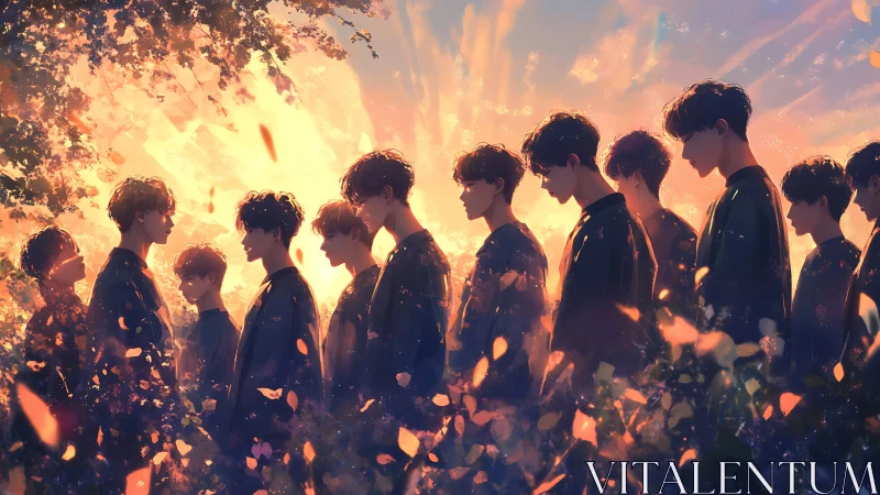 Digital painting of mirrored youths in radiant dusk clearing.