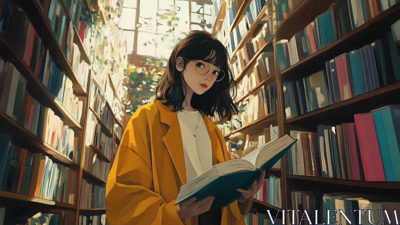 Thoughtful girl reads quietly beneath warm library skylight