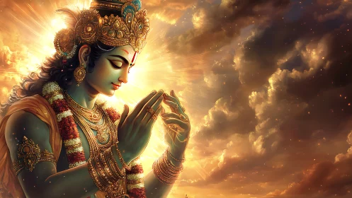 Divine blue-skinned deity rendered with radiant volumetric lighting