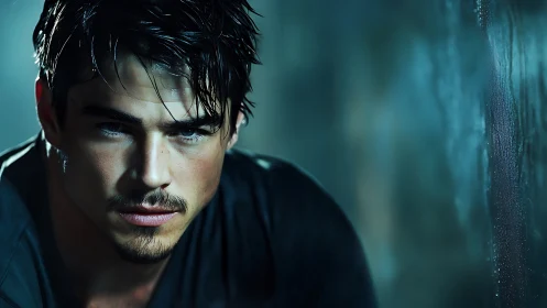 Brooding man gazes through neon haze in cinematic close-up