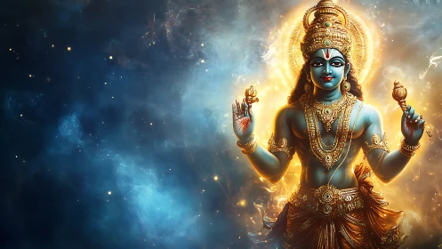 Celestial blue deity radiates golden light amid cosmic void.