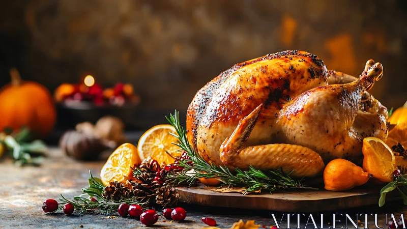 Golden holiday roast turkey amid rustic autumn flavors.